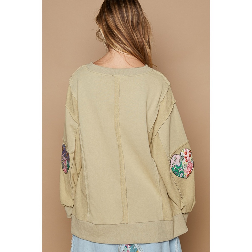 POL Olive Green LOVE Pullover | Heart Patch Boho Sweatshirt - Picture 4 of 6